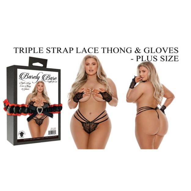 Picture of TRIPLE STRAP LACE THONG & GLOVES, PLUS SIZE, BLACK